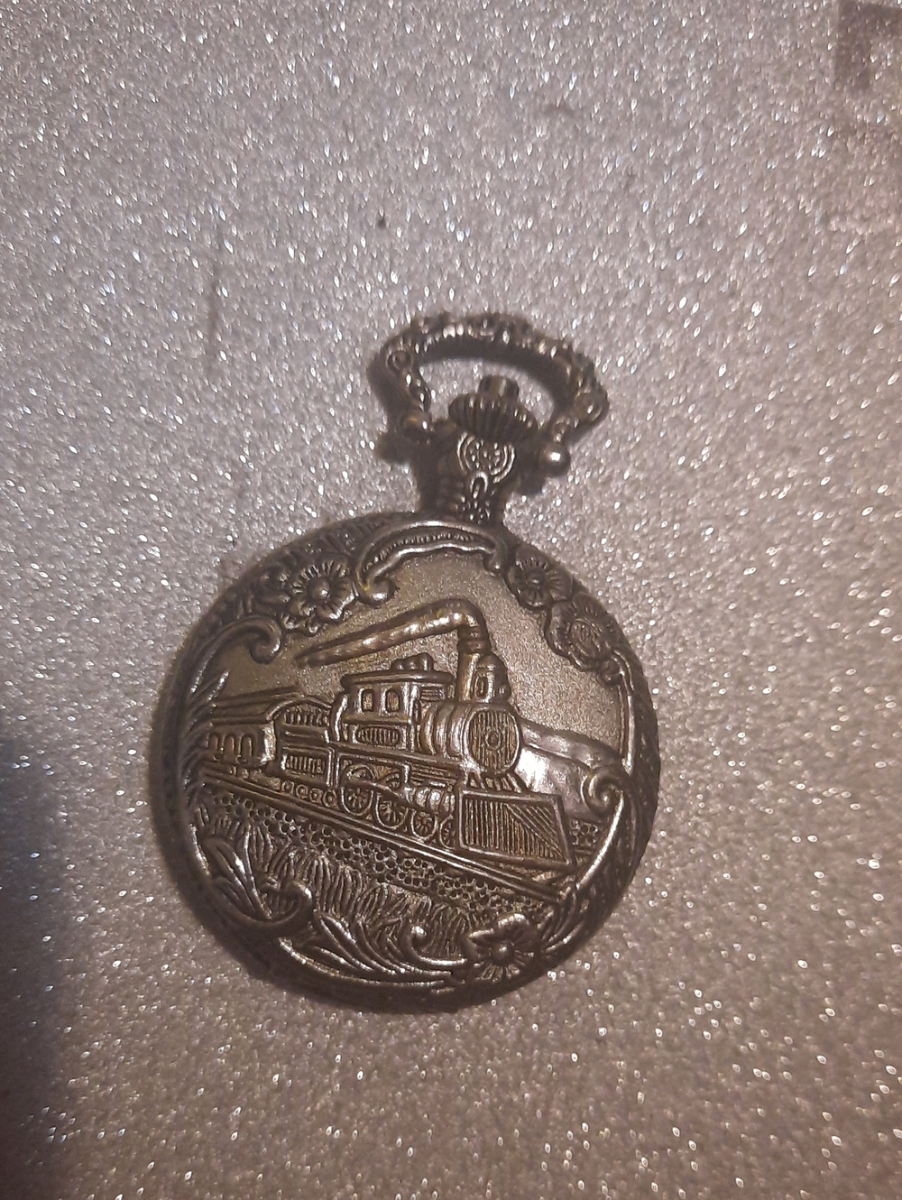 Vintage-Style Train Pocket Watch Pendant - Silver Tone
